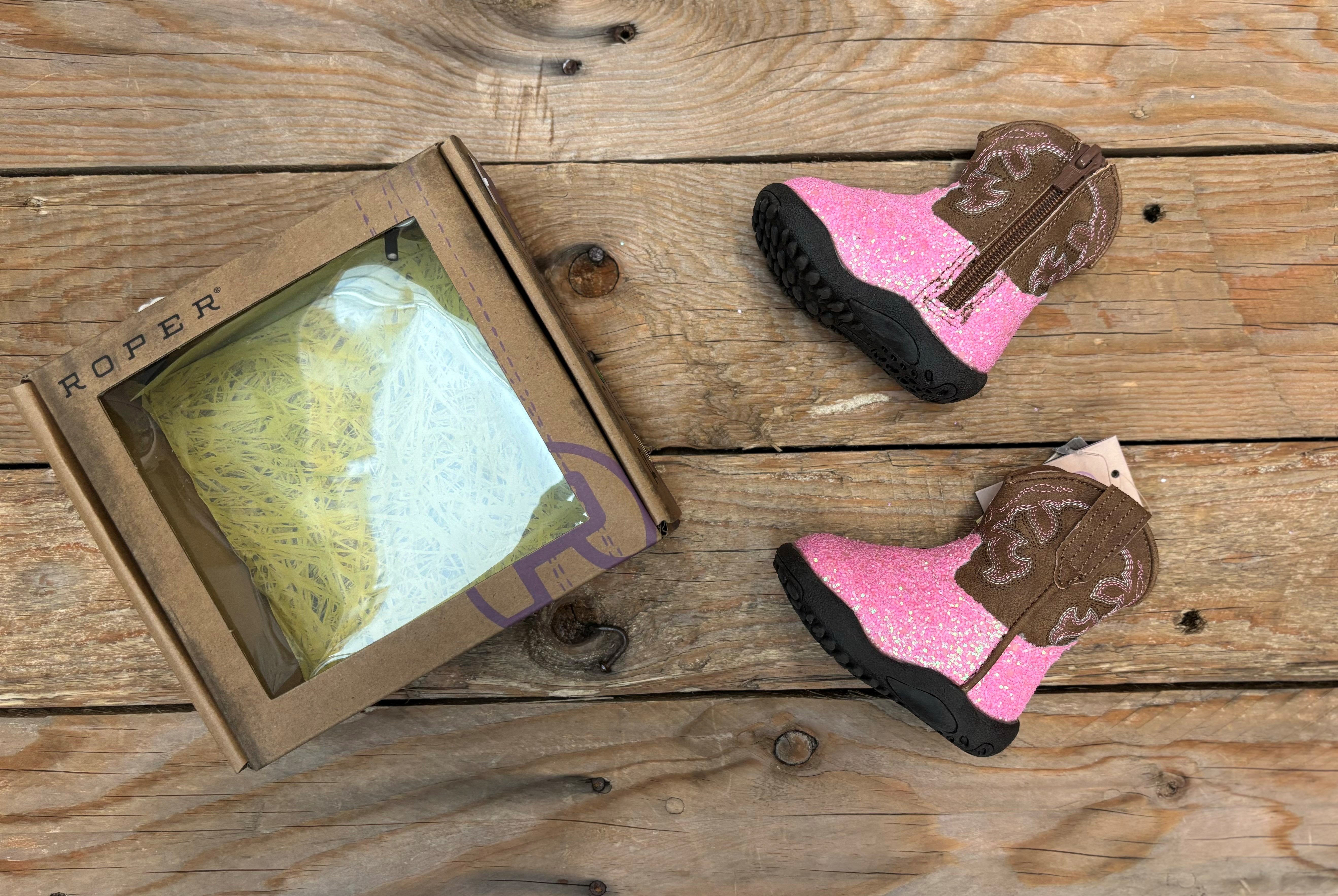 Infant Roper Glitter Sparkle Pink / Brown Cowbaby Boot (7011378888781)