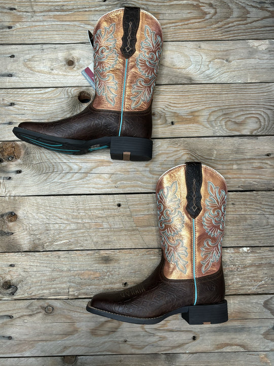 Womens Ariat Round Up Wide Square Toe Stretchfit Boot - Toasted Blanket Emboss / Copper Glow (6987284578381)