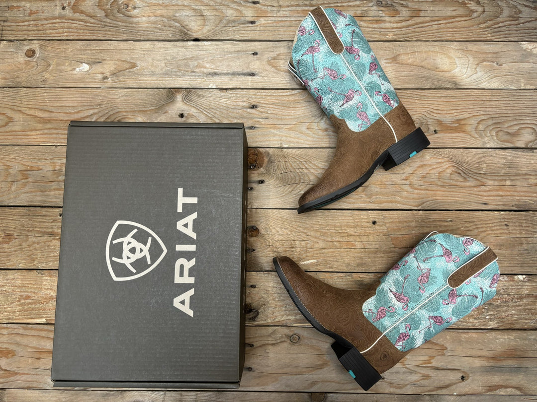 Womens Ariat Round Up Wide Square Toe - Embossed Chestnut / Flock of Flamingos (7112483536973)