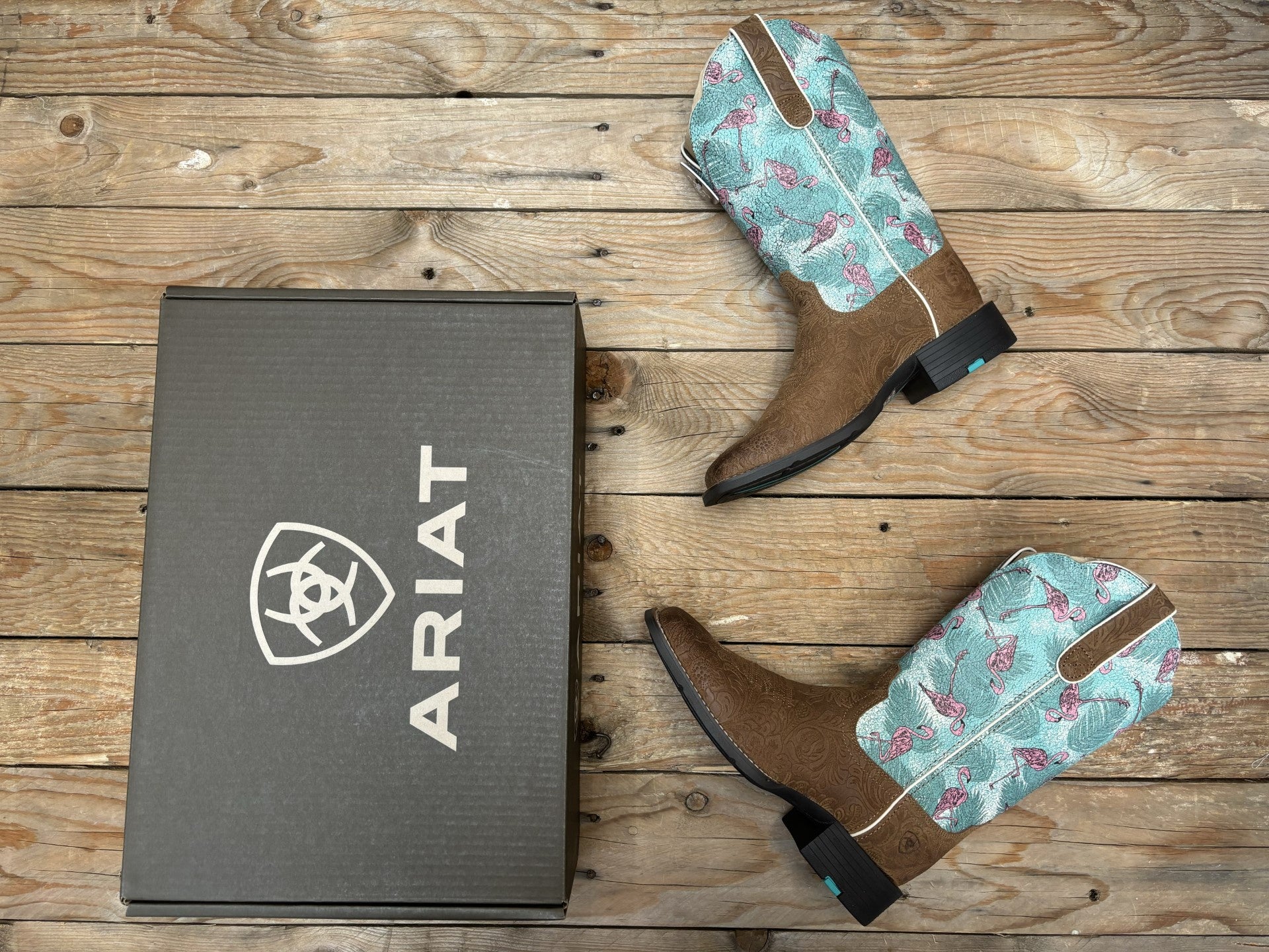 Womens Ariat Round Up Wide Square Toe - Embossed Chestnut / Flock of Flamingos (7112483536973)