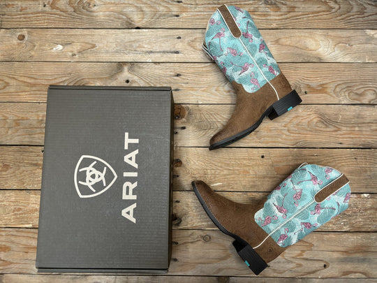 Womens Ariat Round Up Wide Square Toe - Embossed Chestnut / Flock of Flamingos (7112483536973)