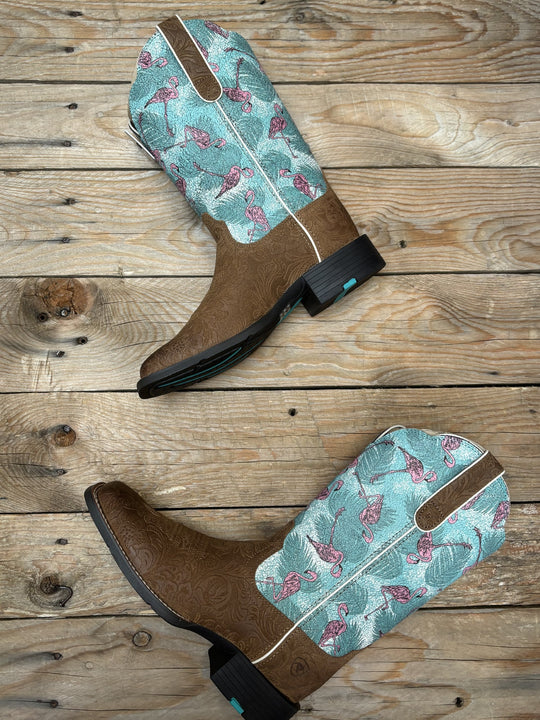 Womens Ariat Round Up Wide Square Toe - Embossed Chestnut / Flock of Flamingos (7112483536973)