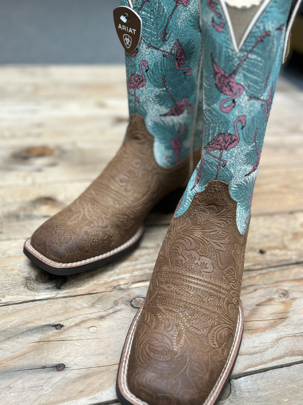 Womens Ariat Round Up Wide Square Toe - Embossed Chestnut / Flock of Flamingos (7112483536973)