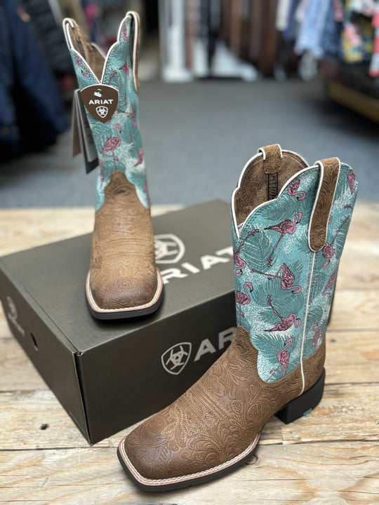 Womens Ariat Round Up Wide Square Toe - Embossed Chestnut / Flock of Flamingos (7112483536973)