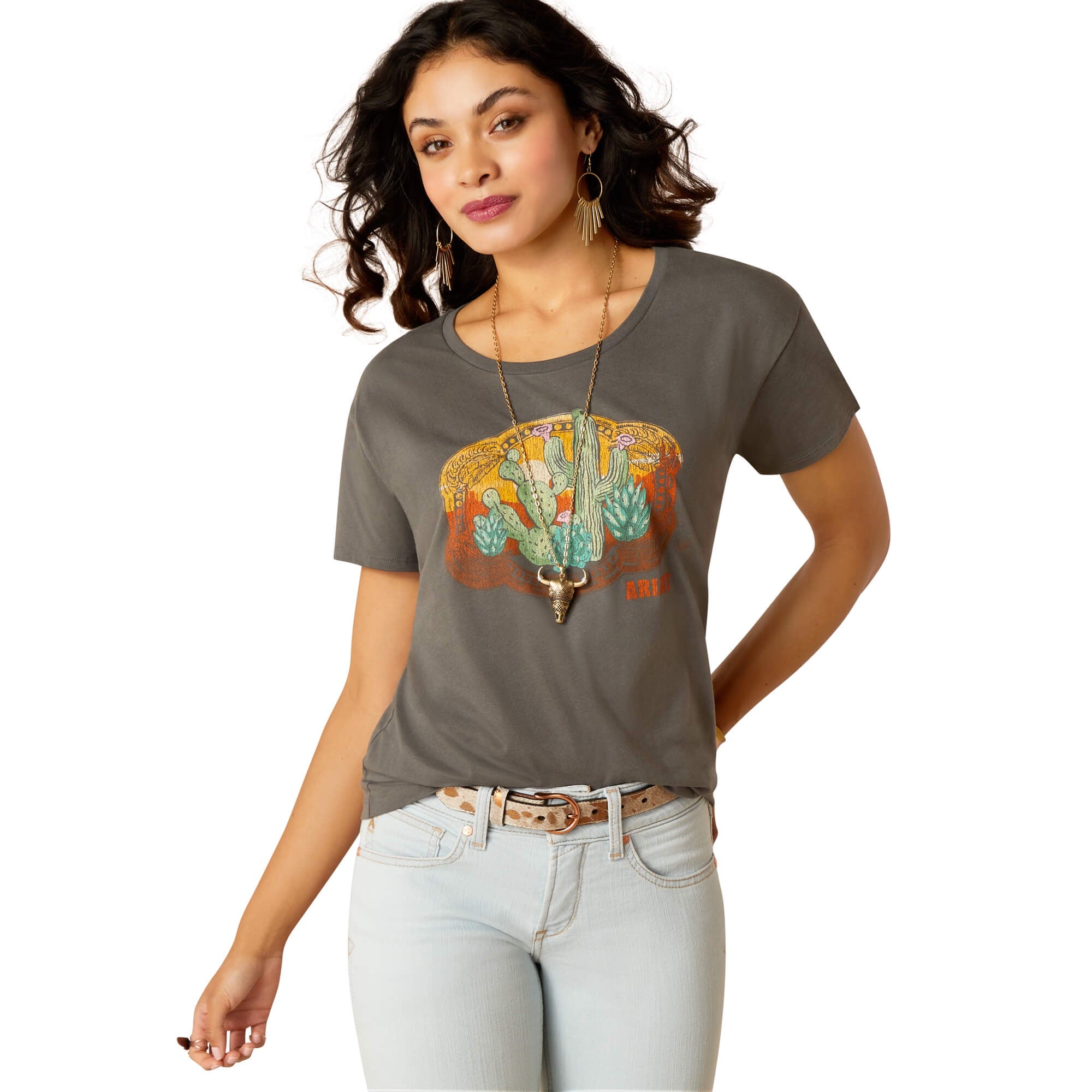 Womens Ariat Buckle Up Graphic Tee Tshirt - Graphite (7333507924045)