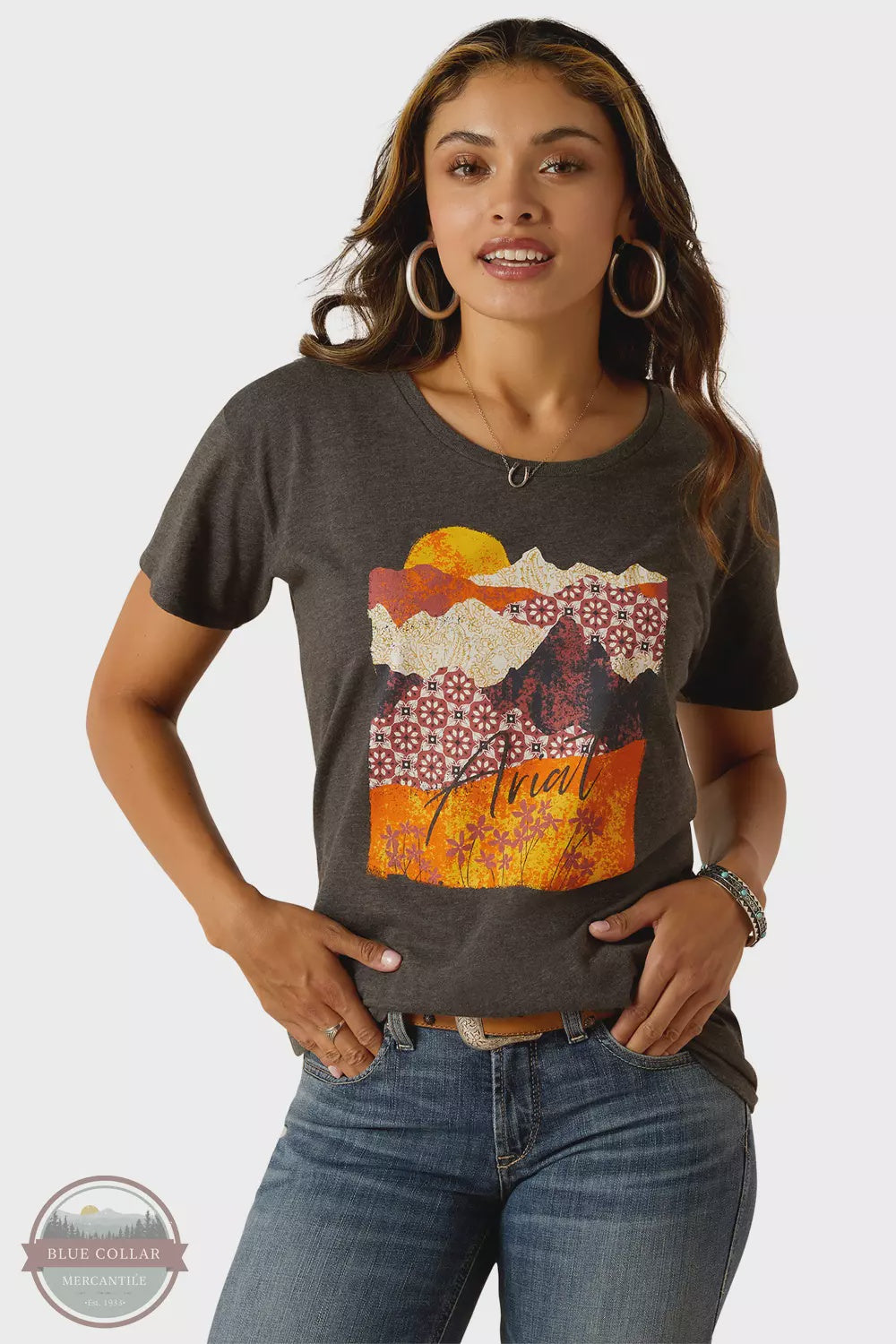 Womens Ariat Mountain Patterns Tee Tshirt - Charcoal Heather (7340151242829)