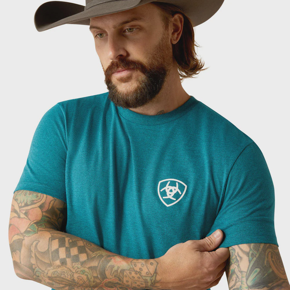 Mens Ariat Stacks Tee Tshirt - Cyan Black Heather (7382522429517)