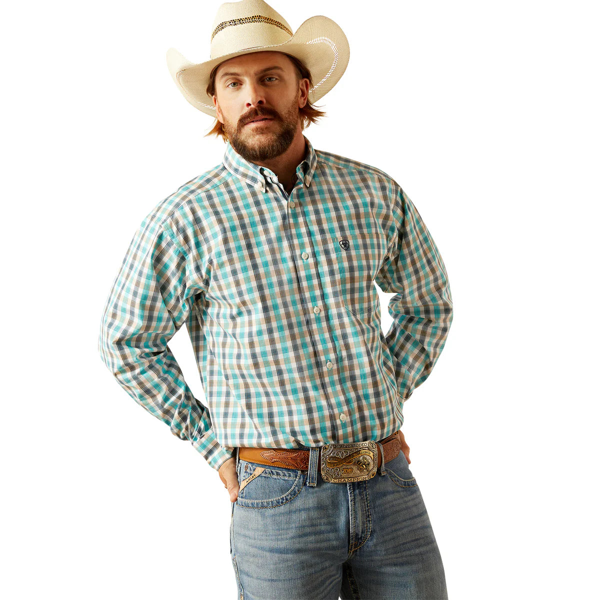 Mens Ariat Pro Series Johnathan Classic Fit Long Sleeve Shirt - Navy / Turq / Tan / WhiteCheck (7550434246733)