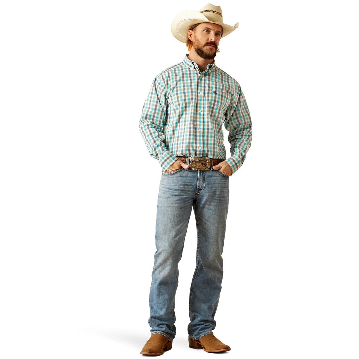 Mens Ariat Pro Series Johnathan Classic Fit Long Sleeve Shirt - Navy / Turq / Tan / WhiteCheck (7550434246733)