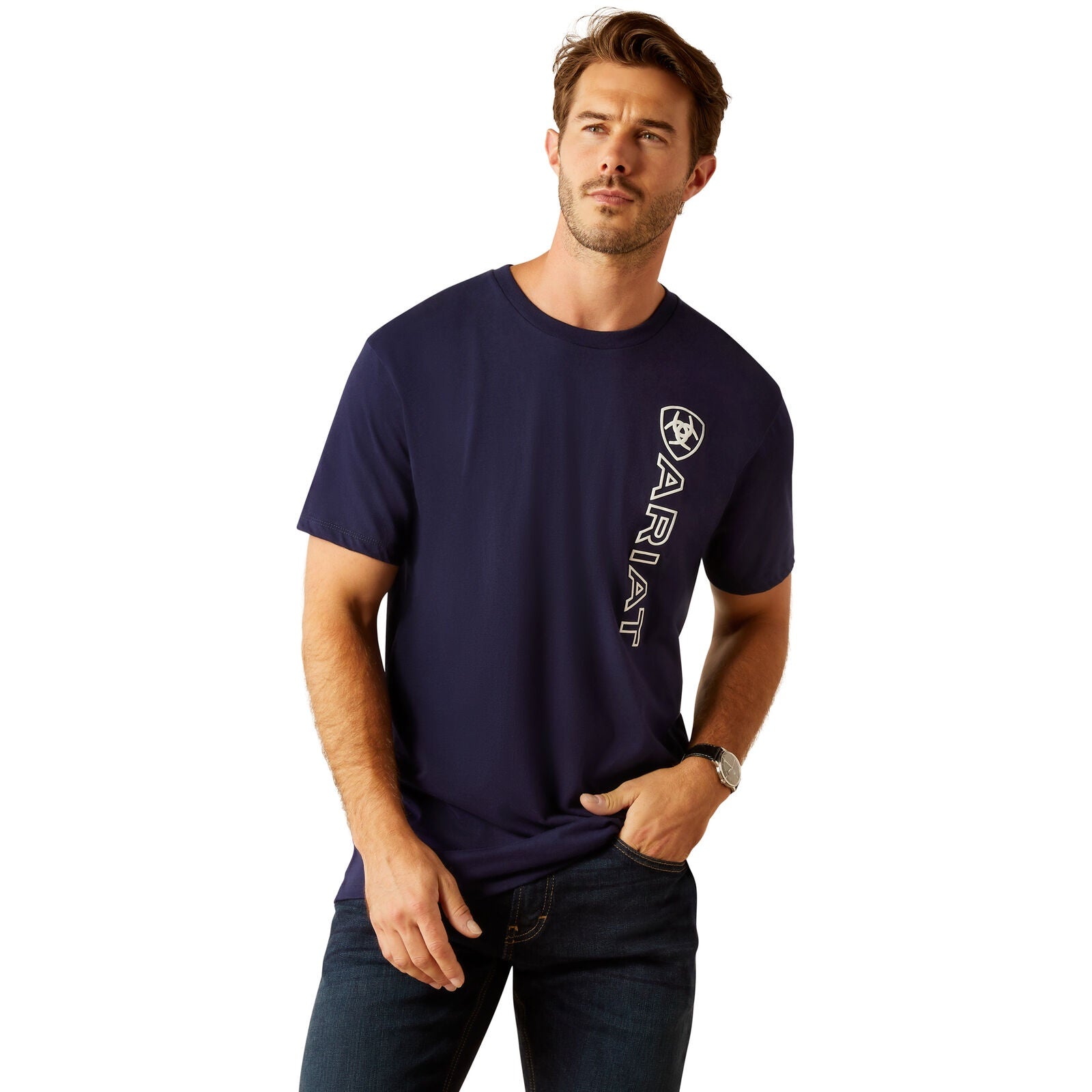 Mens Ariat Vertical Logo Tee Tshirt - Navy Blue / White (7550434443341)