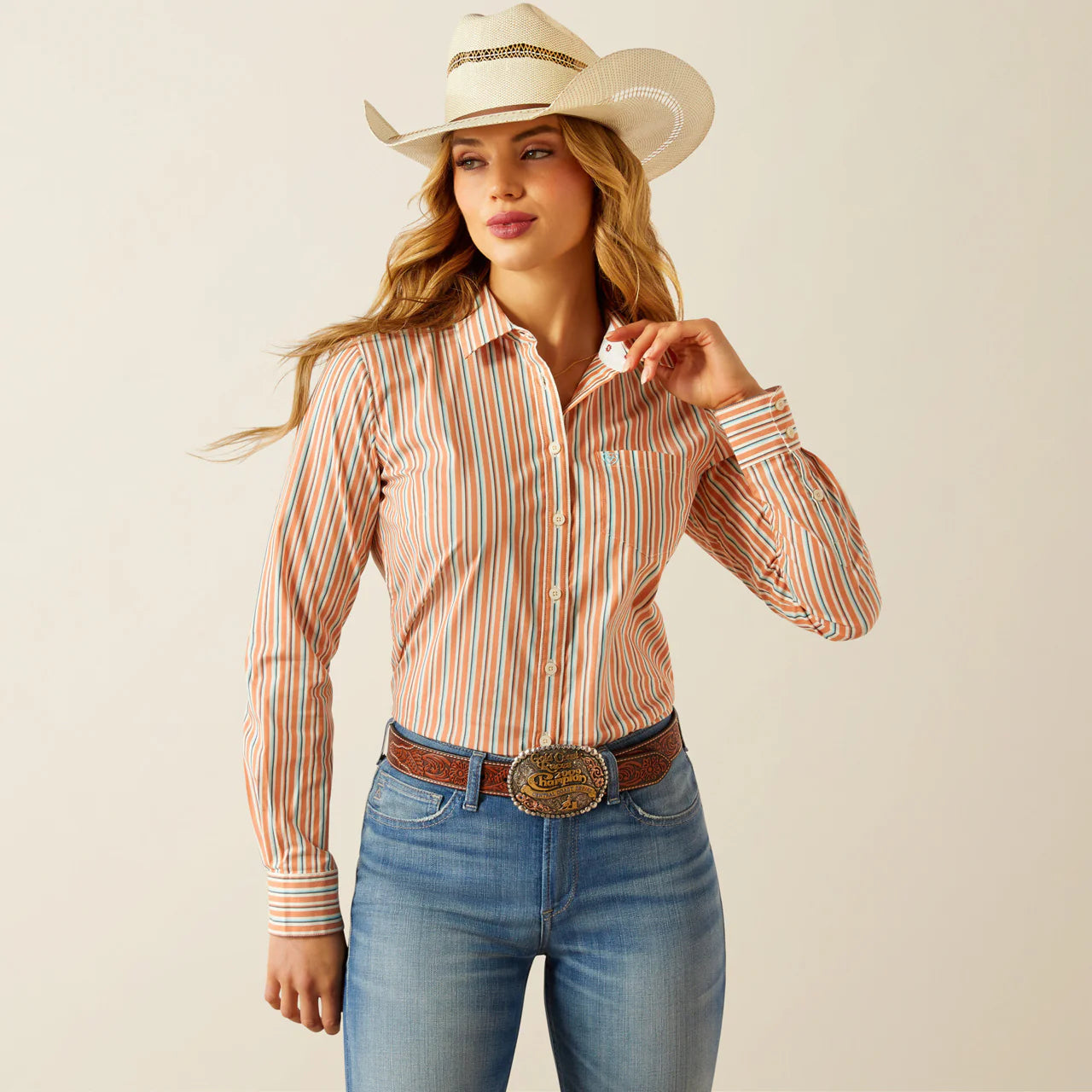 Womens Ariat Wrinkle Resistant Kirby LS Shirt - Orange Malia Stripe