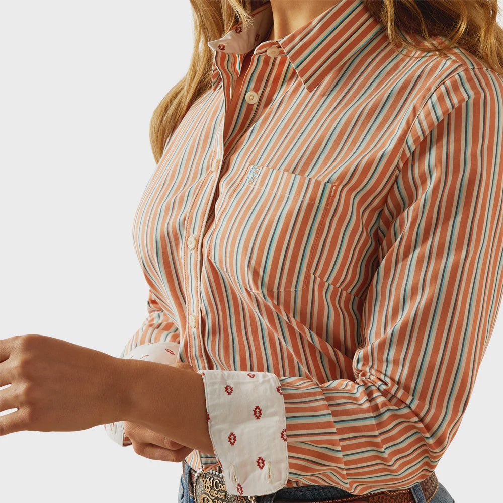 Womens Ariat Wrinkle Resistant Kirby LS Shirt - Orange Malia Stripe