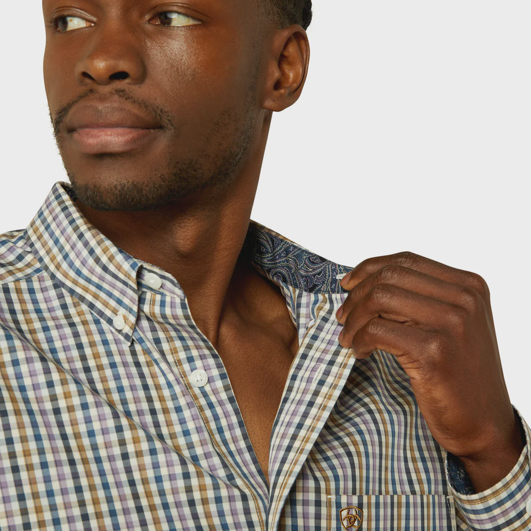 Mens Ariat Wrinkle Free Dusty Classic Fit Long Sleeve Western Shirt - Purple / Tan / Blue Check