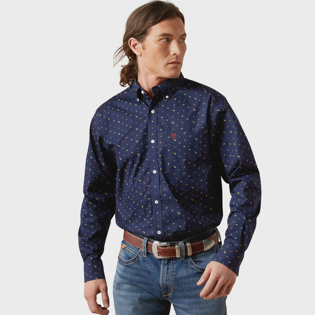 Mens Ariat Wrinkle Free Beaux Fitted Long Sleeve Shirt - Navy Guitar
