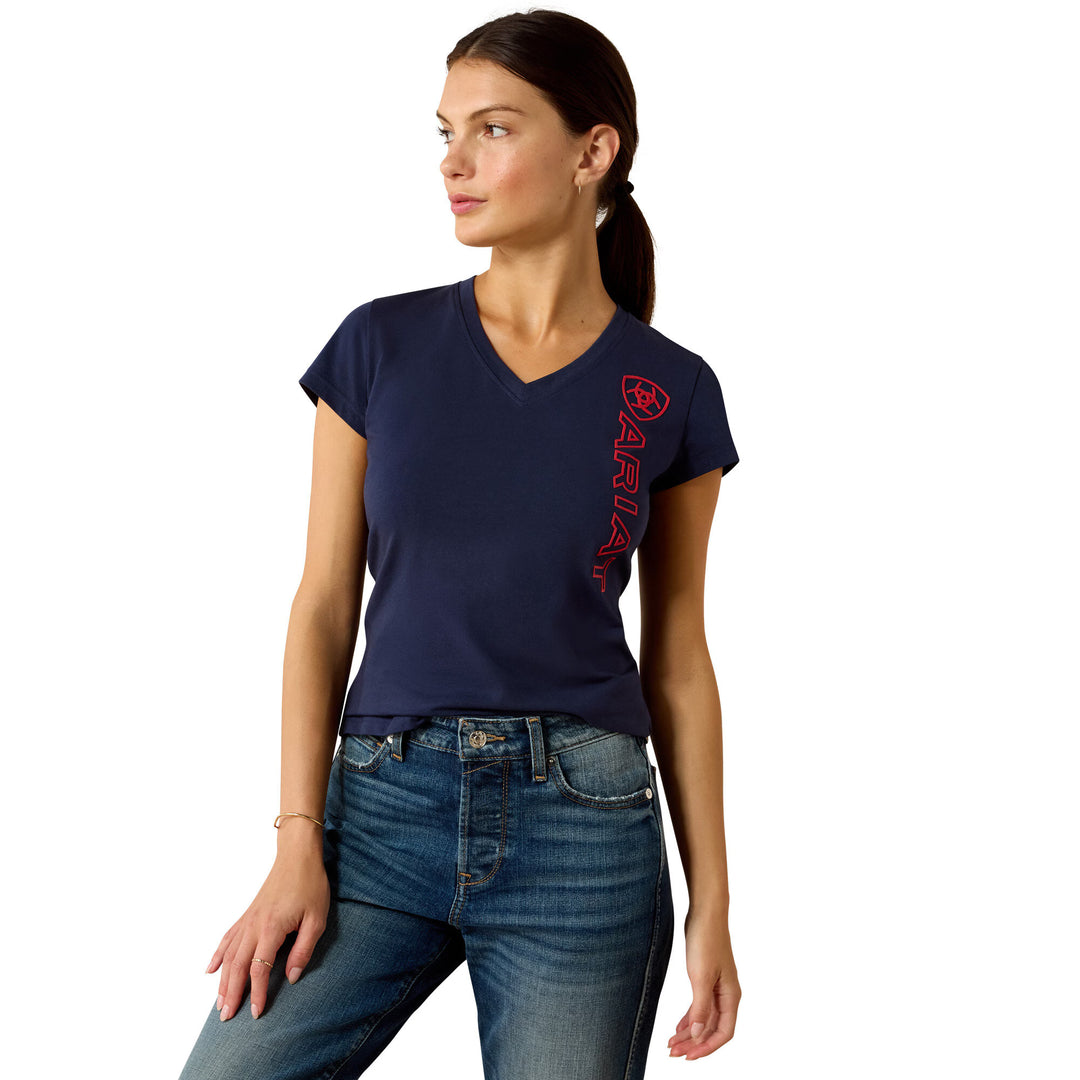 Womens Ariat Vertical Logo V Neck Tee Tshirt - Navy / Red