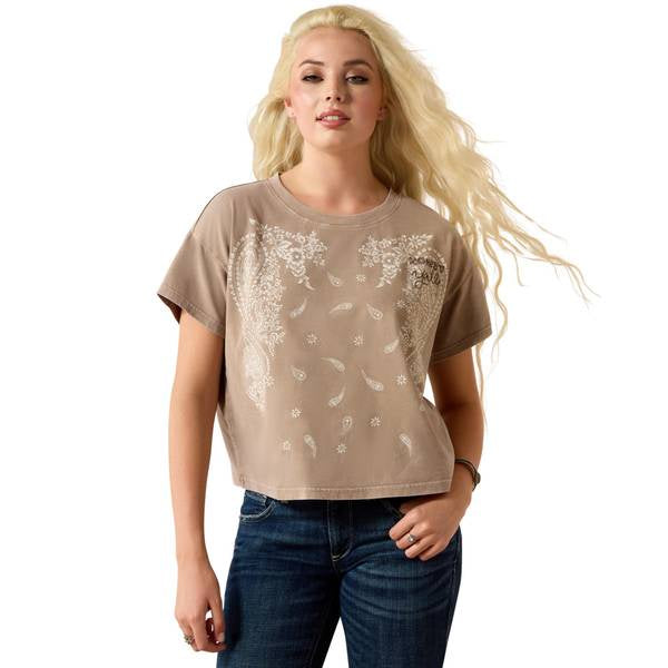 Womens Ariat Paisley Boxy Crop Short Sleeve Tee Tshirt - Taupe Grey