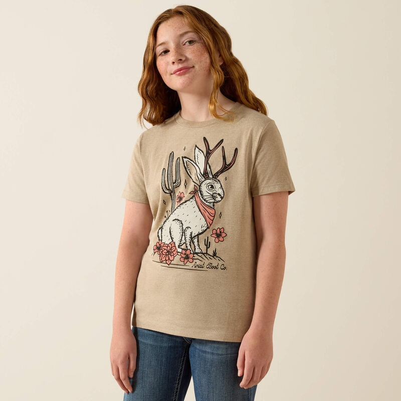 Girls Kids Ariat Jackalope Western Tee Tshirt - Oatmeal Heather