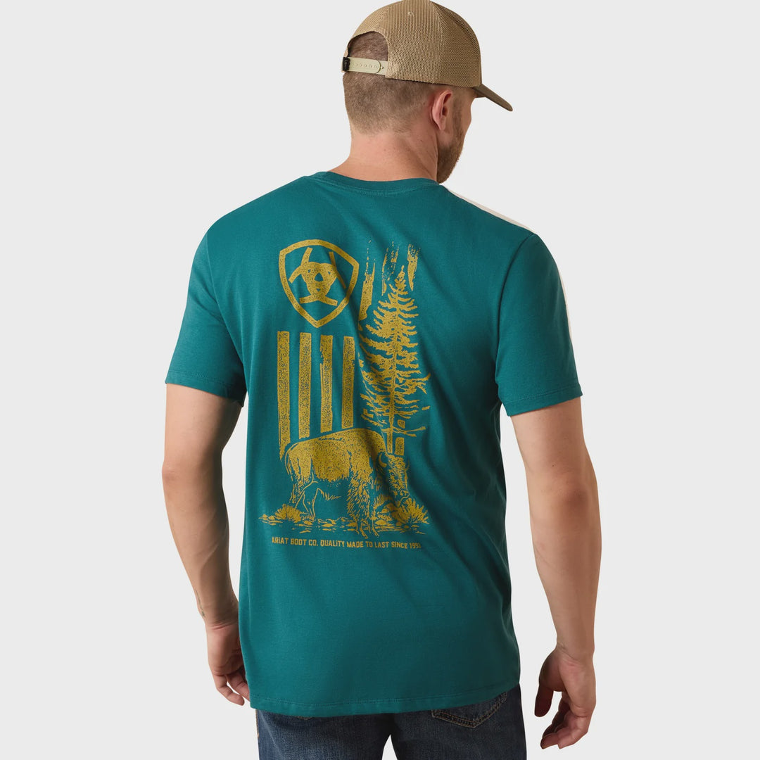 Mens Ariat Bison Wander Flag Short Sleeve Tee Tshirt - Mediterranean