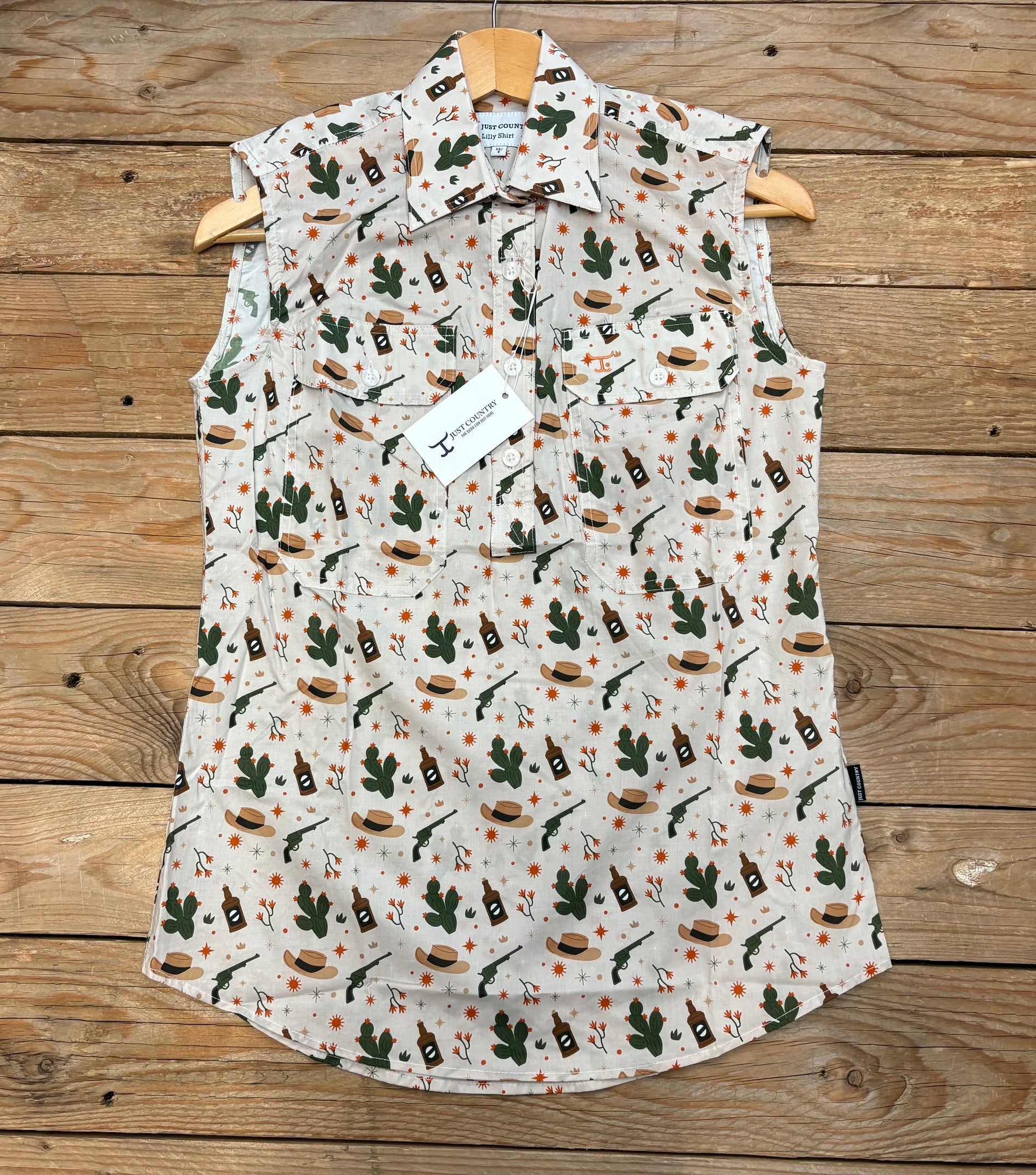 Womens Just Country Lilly Party / Work Shirt Half Button Sleeveless - Stone Western Scene (7552858423373)