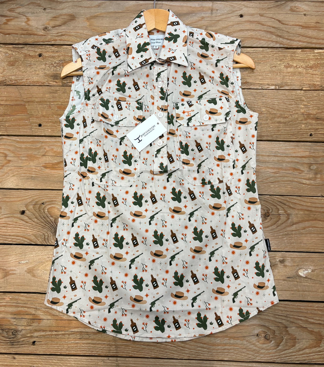 Womens Just Country Lilly Party / Work Shirt Half Button Sleeveless - Stone Western Scene (7552858423373)