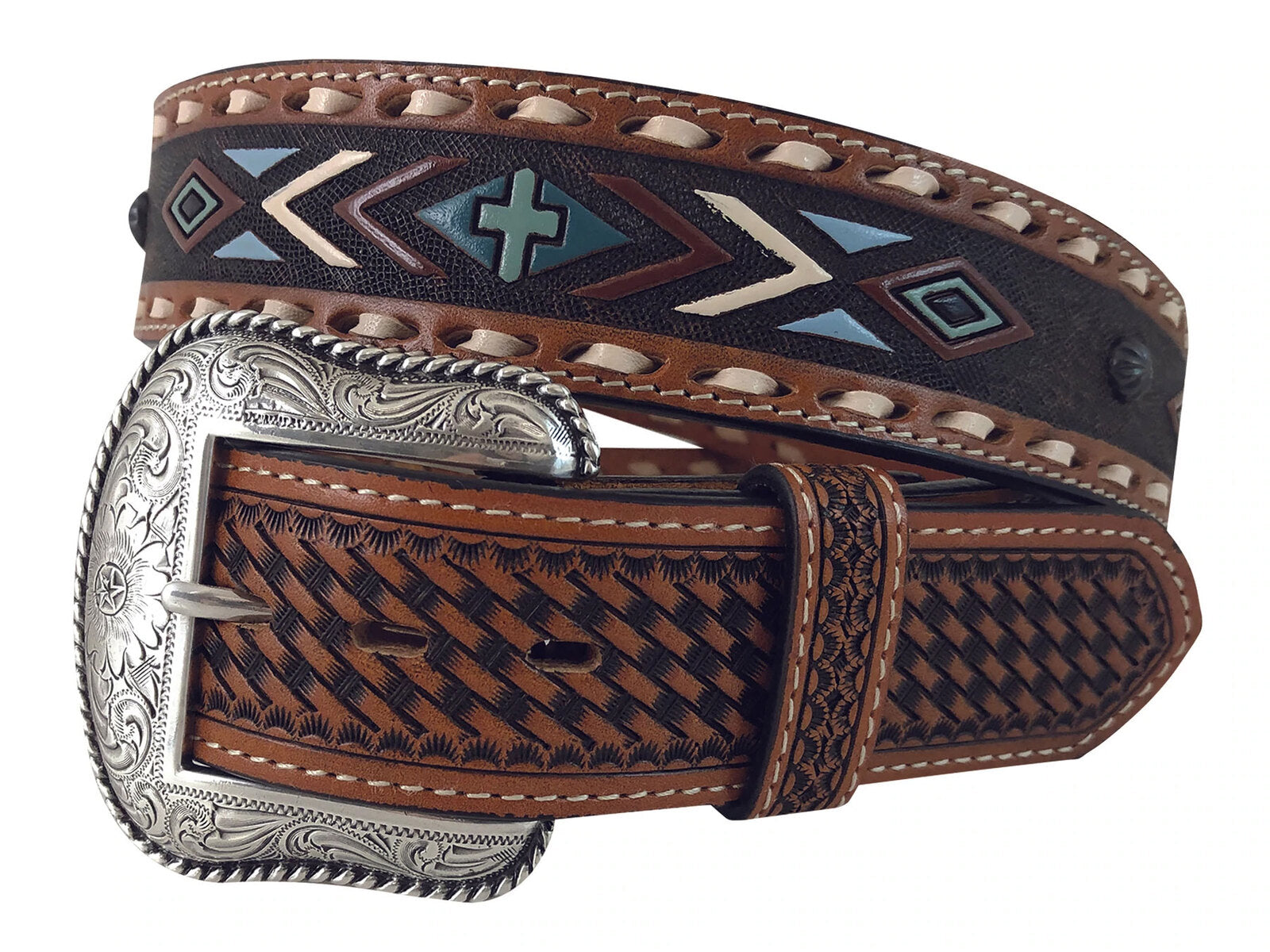 Mens Roper Hand Painted Navajo Cross Leather Belt (6723240230989)