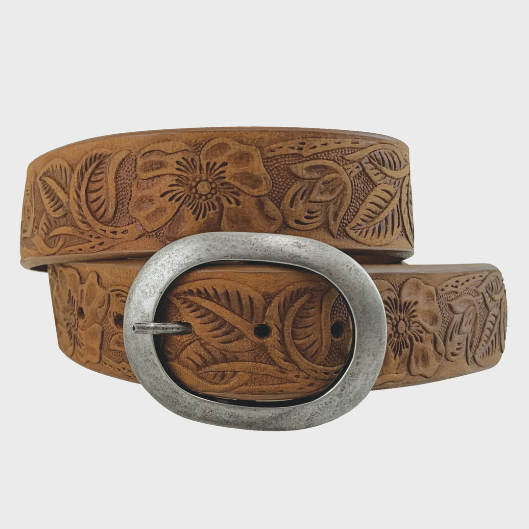 Womens Roper Floral Embossed Bridle Leather Belt - Rusty (7131591344205)