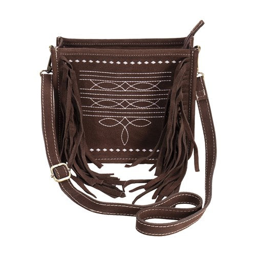 Fort Worth Suede Handbag Crossbody Bag with Boot Stitch Detail and Fringe - Chocolate or Tan