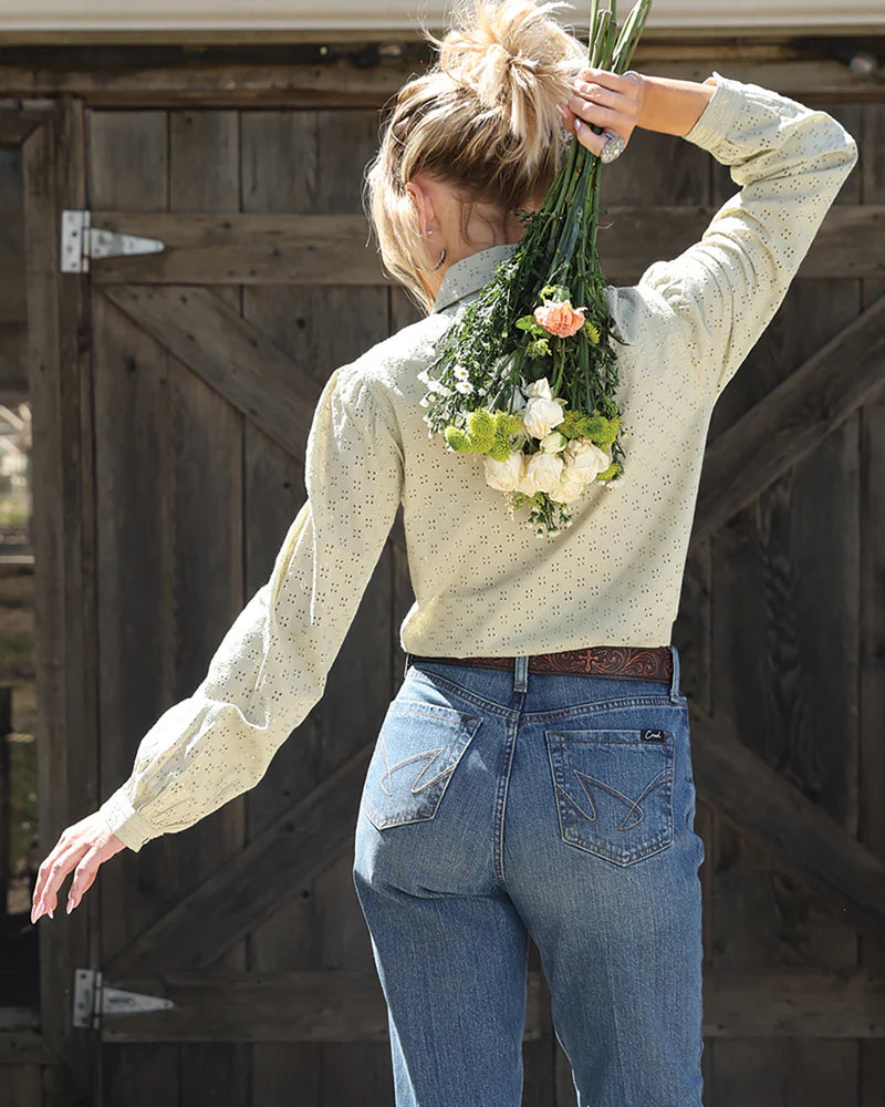 Womens Cruel Denim Girlfriend Fit Snap Front Broderie Western Shirt - Green