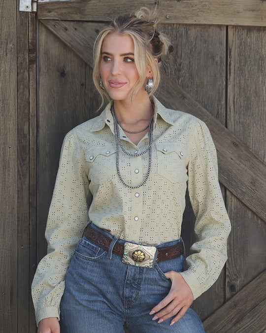 Womens Cruel Denim Girlfriend Fit Snap Front Broderie Western Shirt - Green
