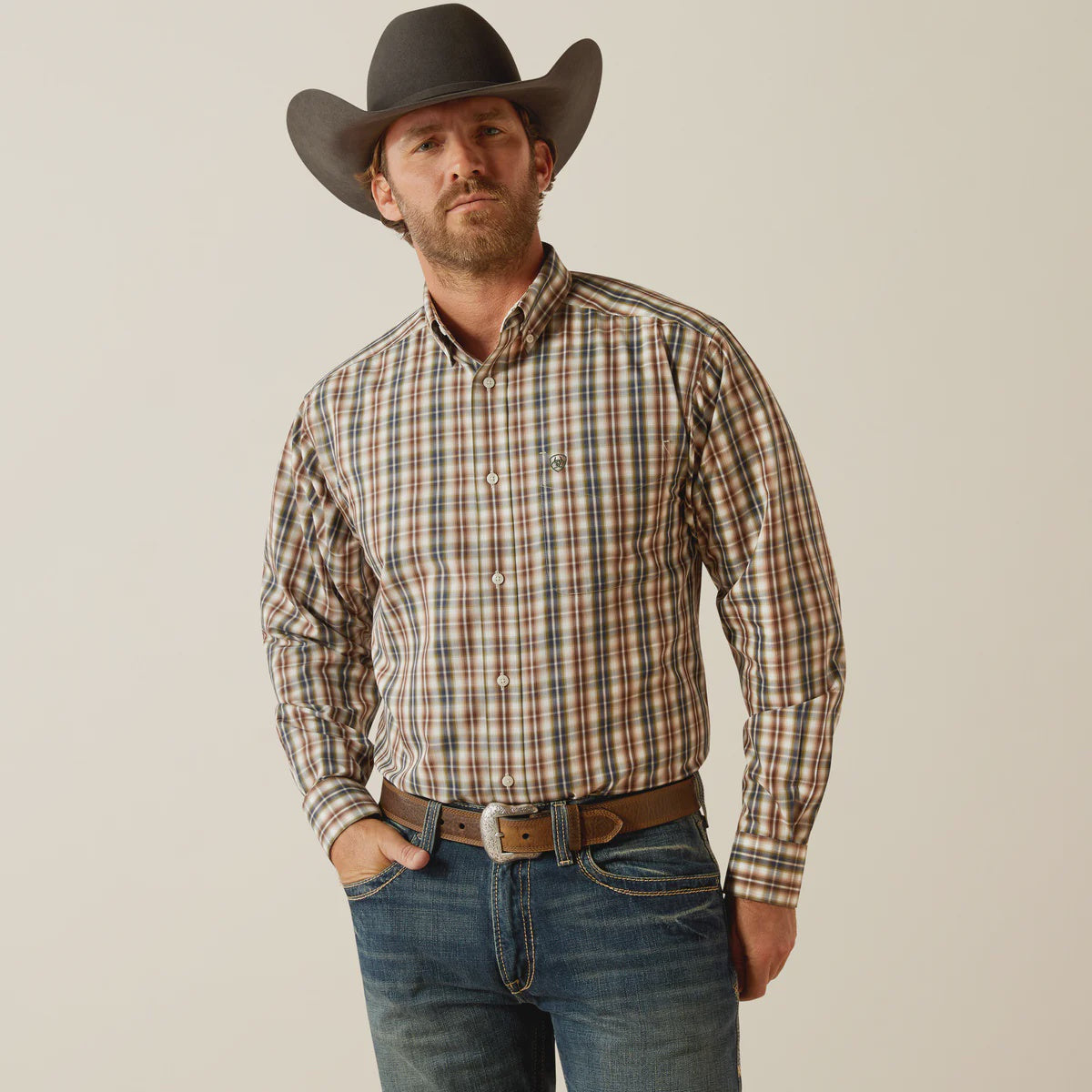 Mens Ariat Wrinkle Free Long Sleeve Folk Shirt - Brown Check (7495605354573)