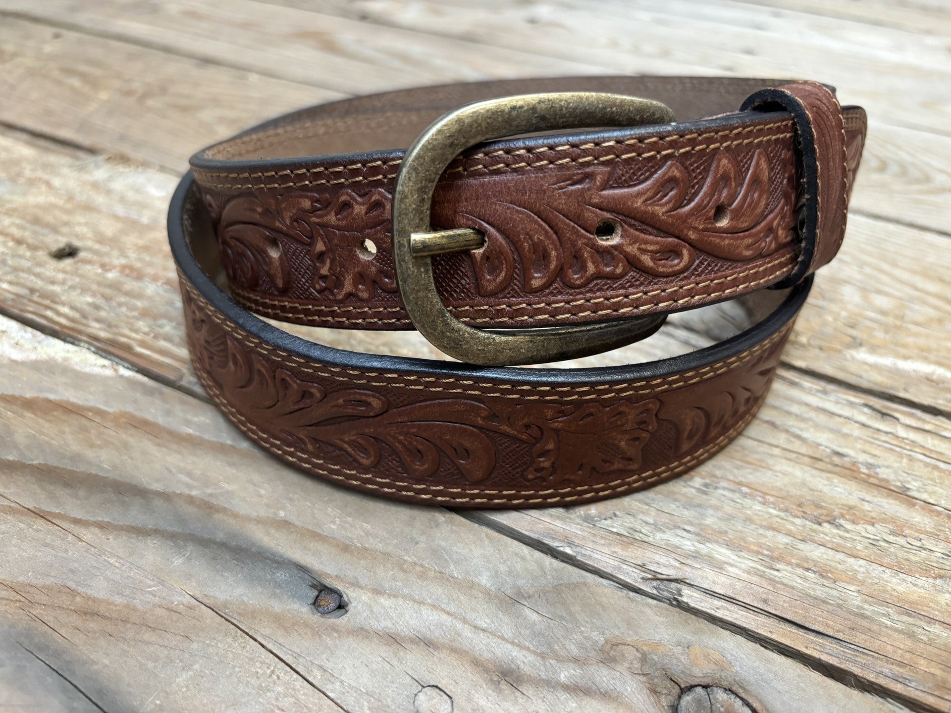 Womens Roper Floral Embossed Distressed Leather Belt - Tan (7021185105997)