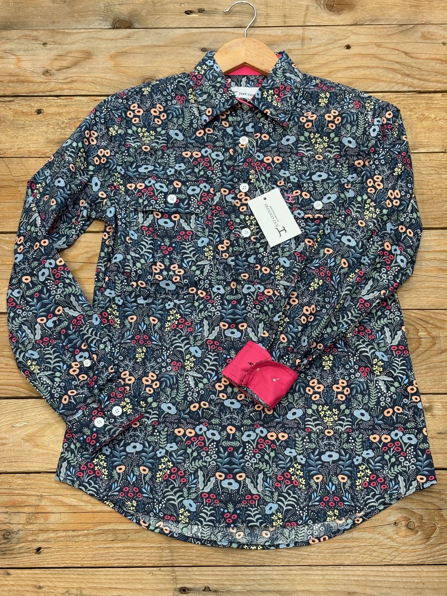 Womens Just Country Georgie Half Button Print Workshirt - Navy Meadow Flowers / Hot Pink (7497026732109)