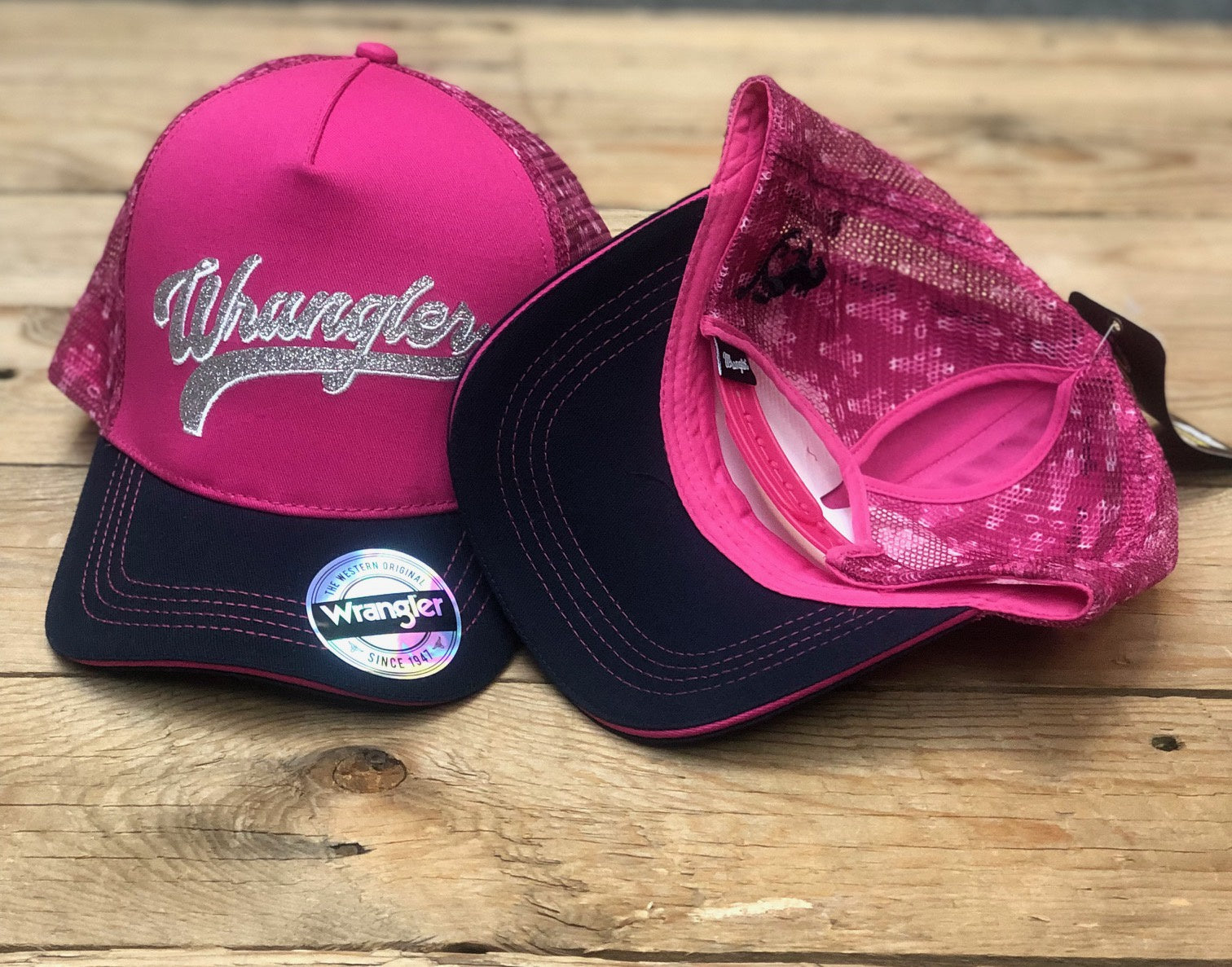 Kids Wrangler Luna HP Ponytail Trucker Cap - Pink / Navy (7362443837517)