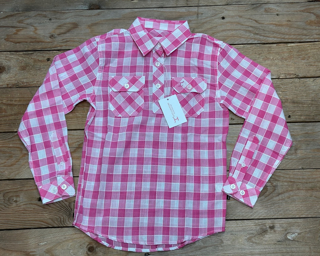 Girls Just Country Harper Half Button Print Workshirt - Hot Pink / White Check