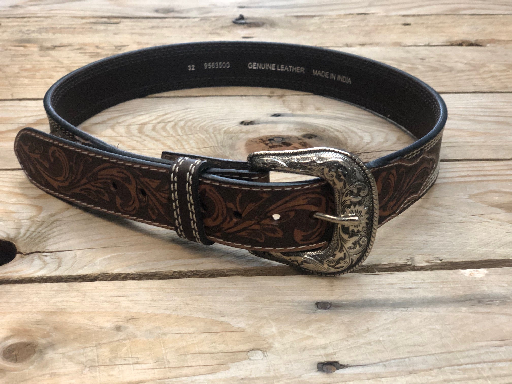 Mens Roper Genuine Leather Belt with Embossed End Tabs - Brown (7349429370957)