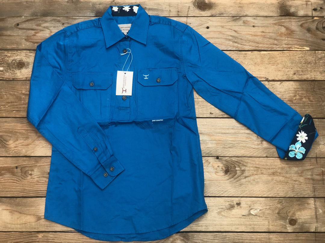 Womens Just Country Jahna 1/2 Button Solid with Contrast Workshirt - Blue Jewel / Navy Orchids (7441938939981)