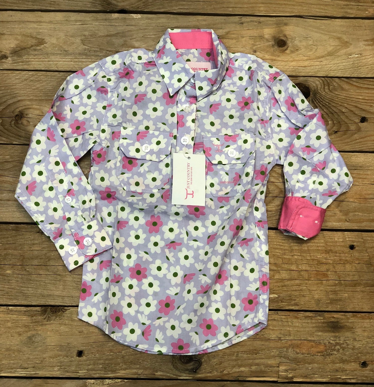 Girls Just Country Harper Half Button Print Workshirt - Lilac Daisies / Rose (7356631482445)