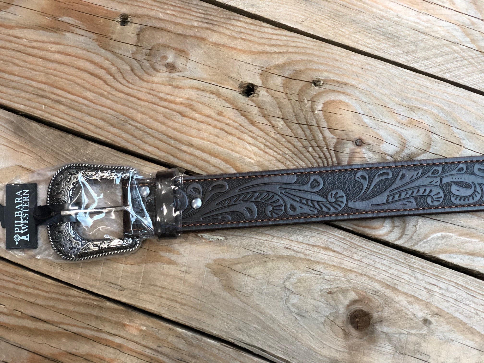 Pilbara Western Leather Tooled Belt with Dress Buckle - Dark Brown (7417235963981)