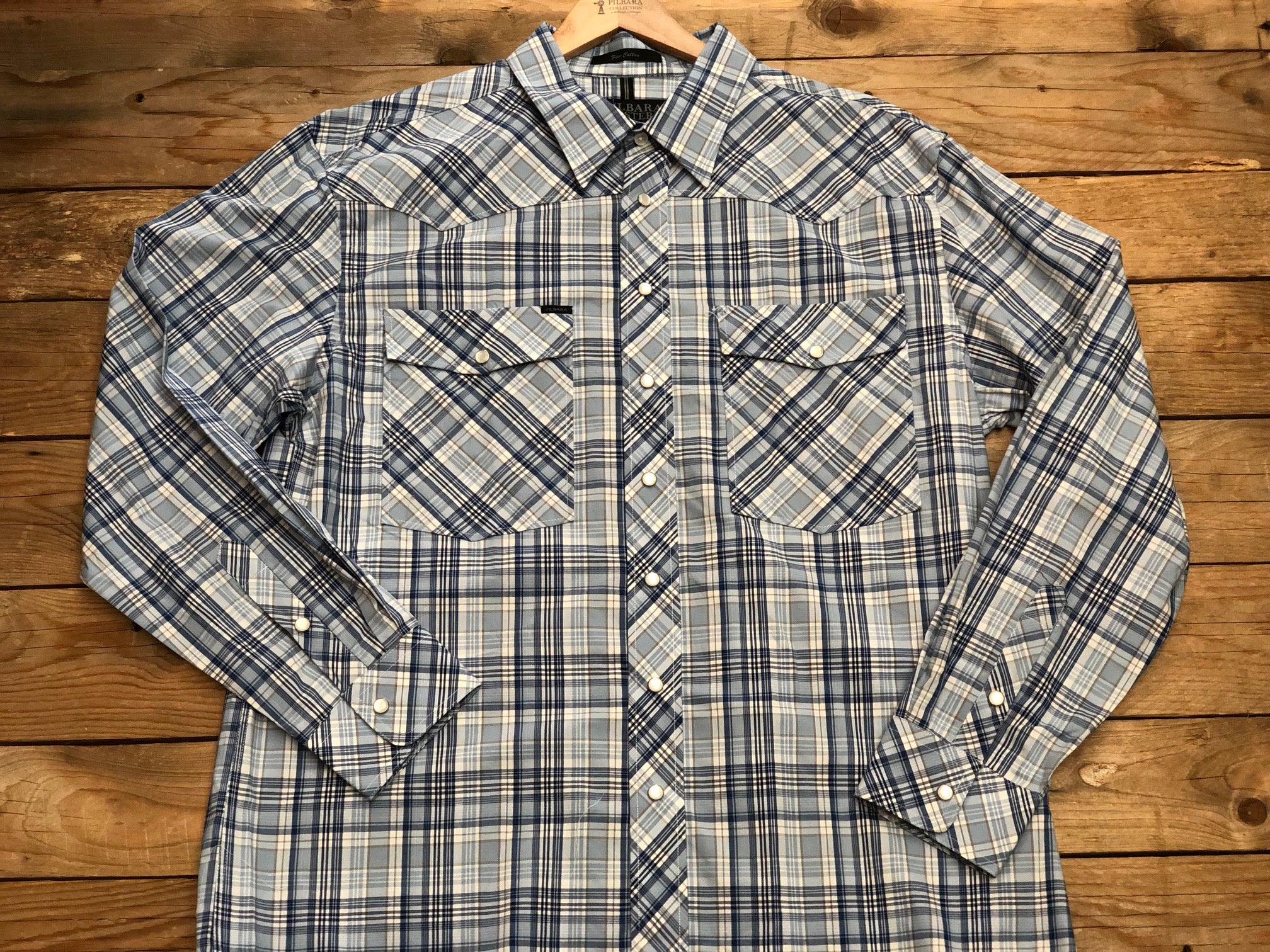 Mens Pilbara Western Snap Button LS Check Shirt - Blue/Black or Blue/Navy (7416745853005)