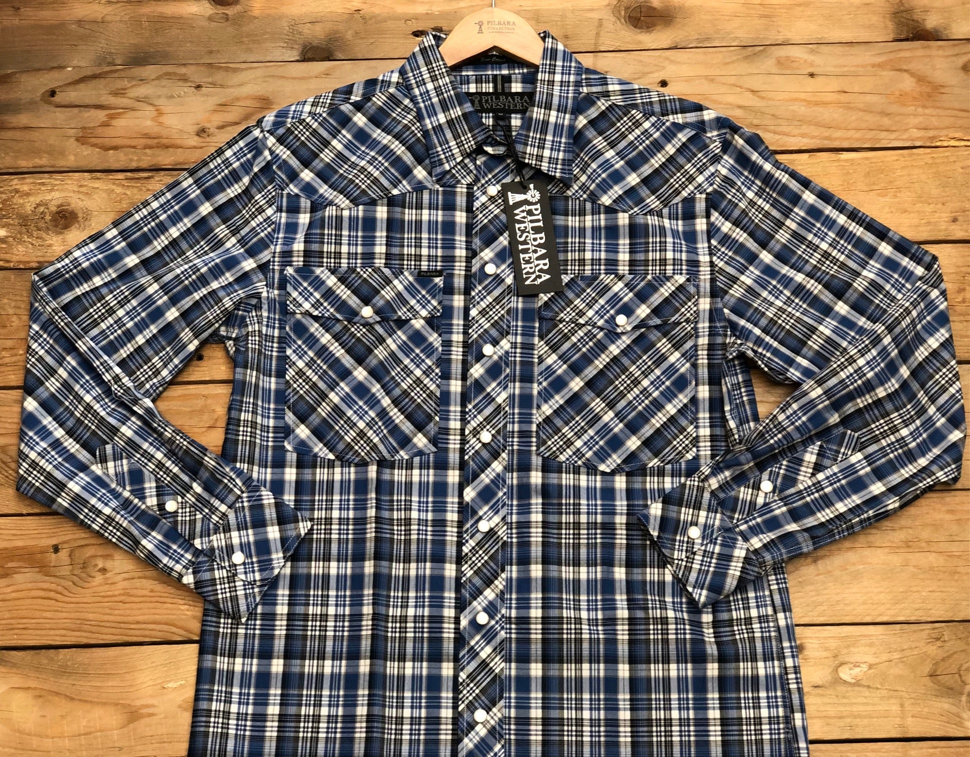 Mens Pilbara Western Snap Button LS Check Shirt - Blue/Black or Blue/Navy (7416745853005)