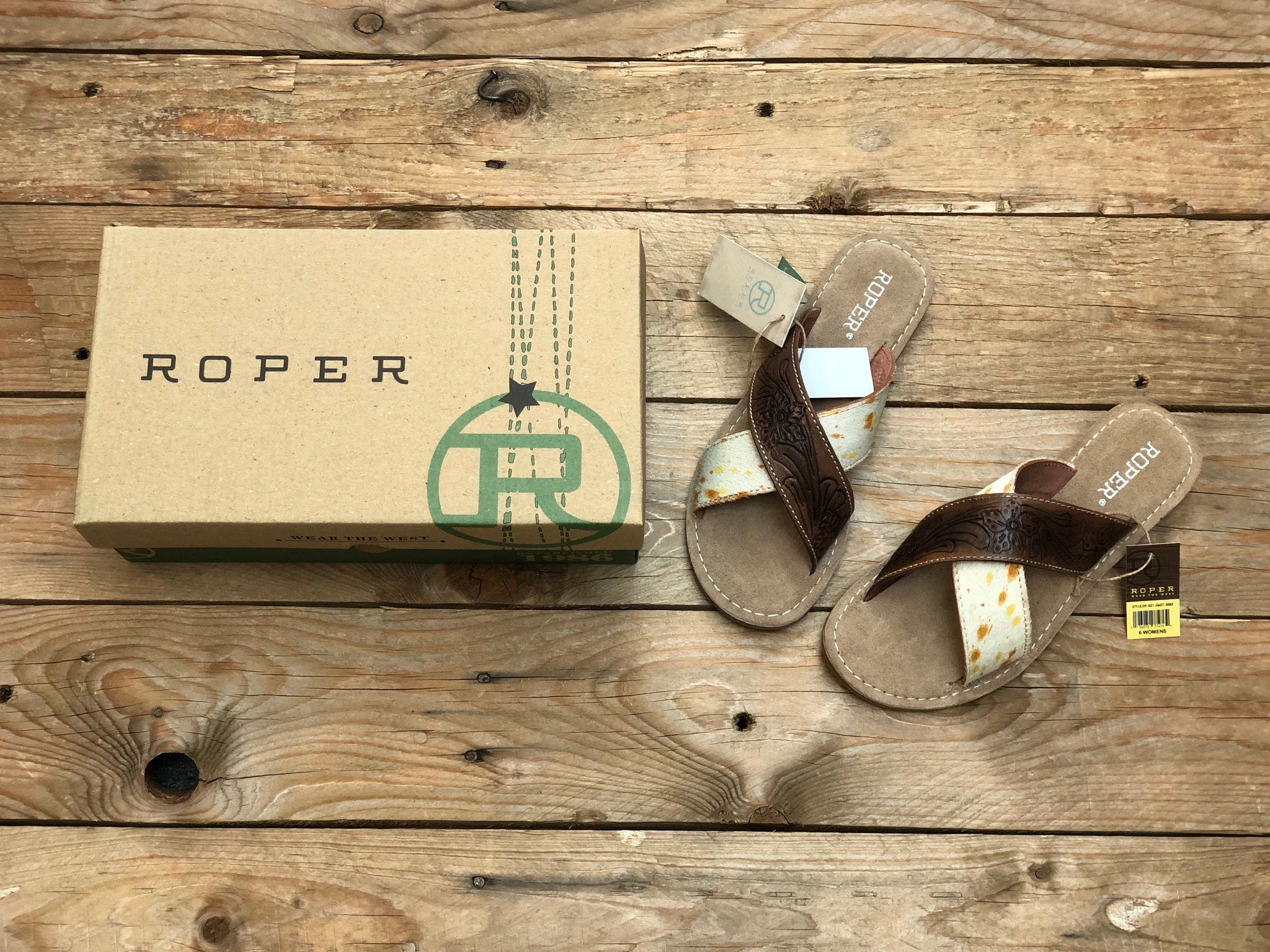 Womens Roper Delaney Tooled Leather Hair on Hide Sandal - Brown (7510420684877)