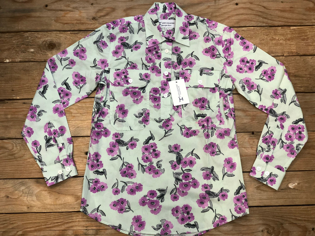 Womens Just Country Georgie Half Button Print Workshirt - Sea Mist Watercolour Blooms (7453224009805)