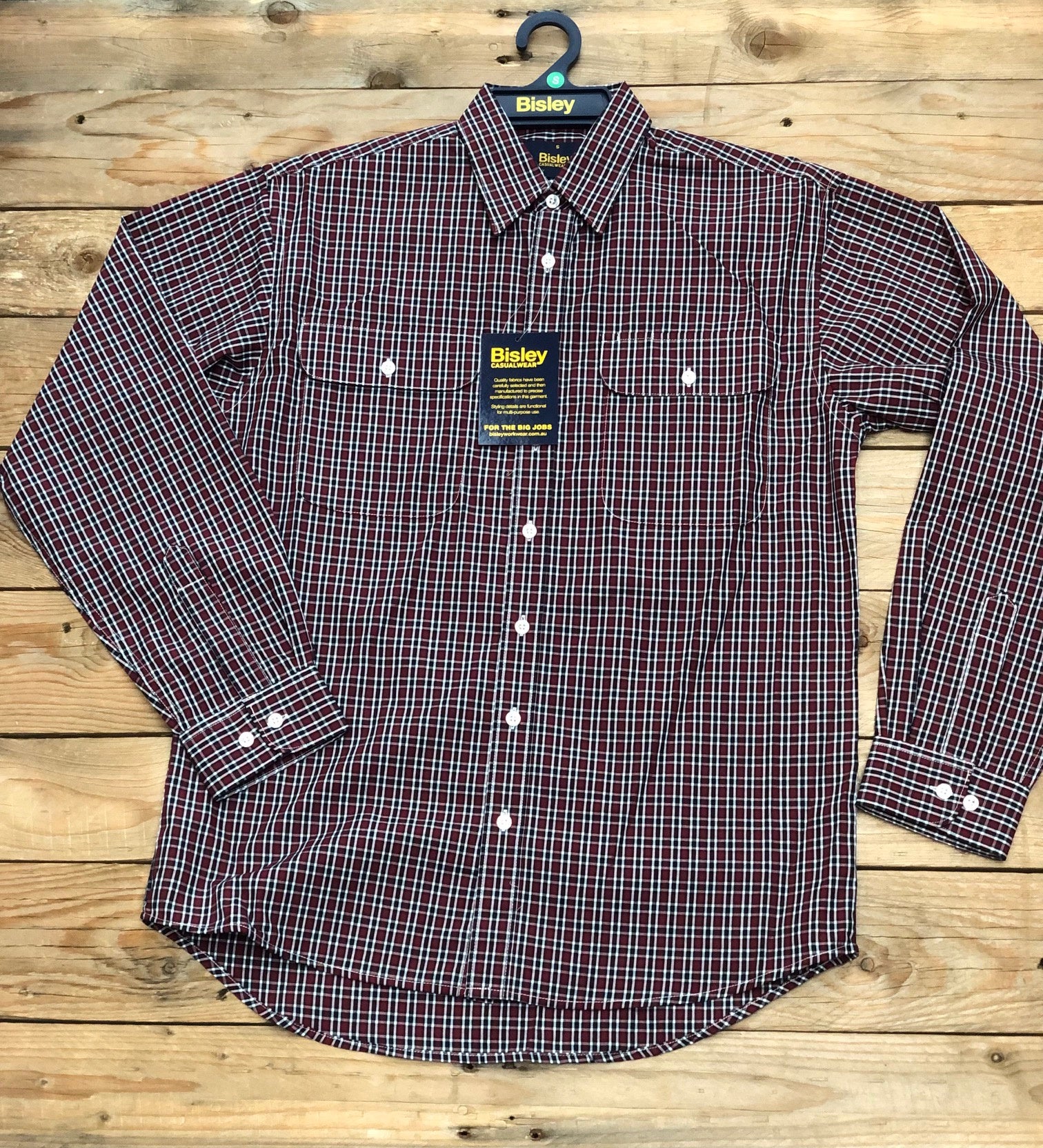 Mens Bisley Small Check LS Shirt - CK Burgundy (7510281584717)