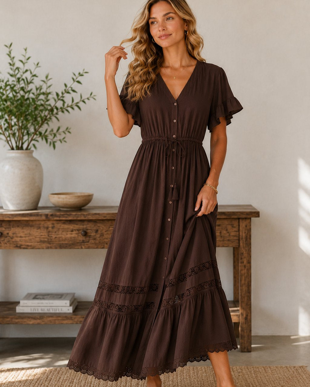 Womens Bailey Lace Trim Maxi Dress - Chocolate Brown