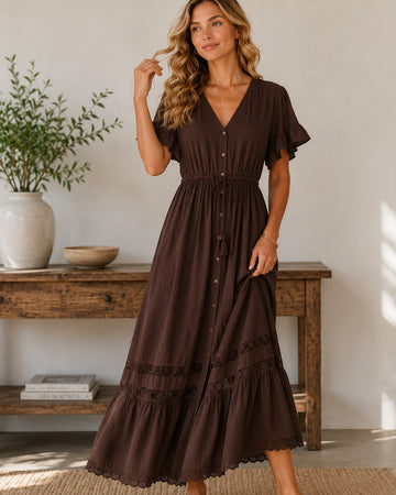 Womens Bailey Lace Trim Maxi Dress - Chocolate Brown