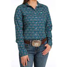 Womens Cinch Arena Flex Teal Patterned Button Down Shirt (6928114614349)