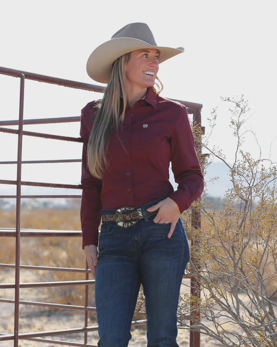 Womens Cinch Stretch Arena Fit Button Down Western Shirt - Burgundy