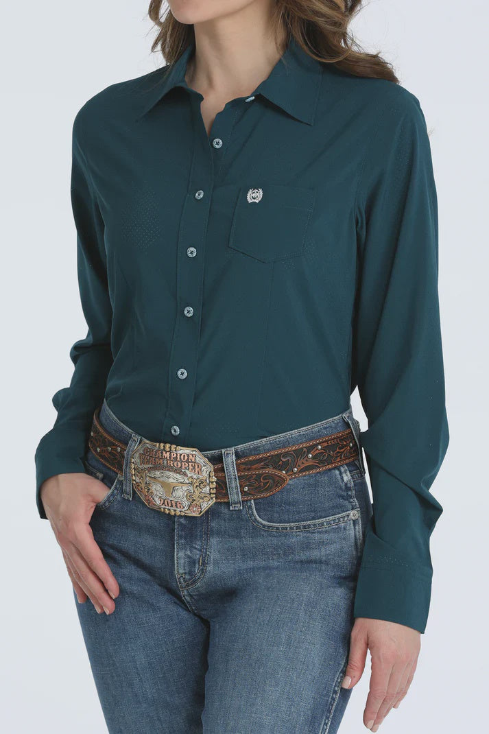 Womens Cinch ArenaFlex Solid Teal Button Down Arena Shirt