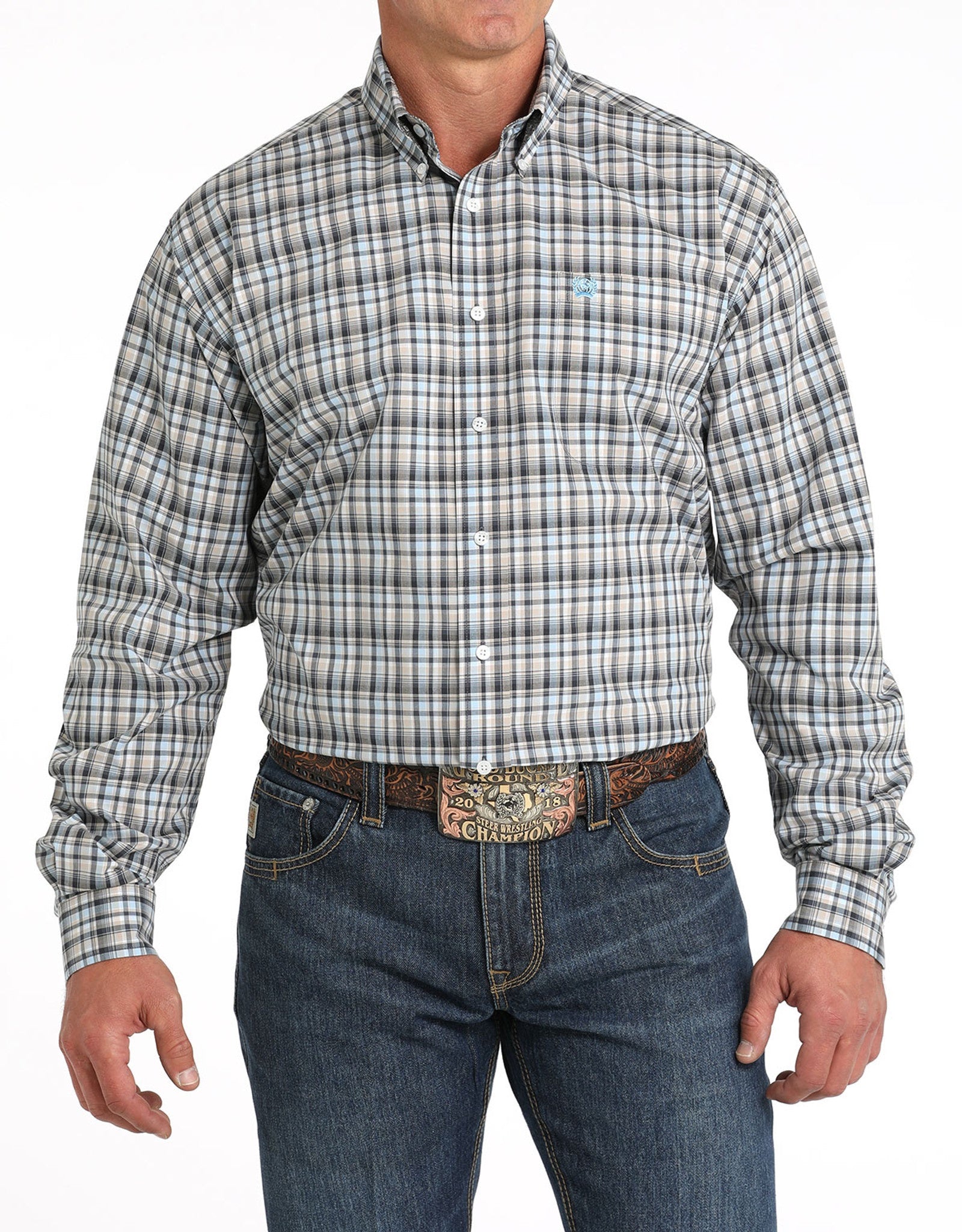 Mens Cinch Classic Fit Light Blue Plaid Shirt (7380166737997)