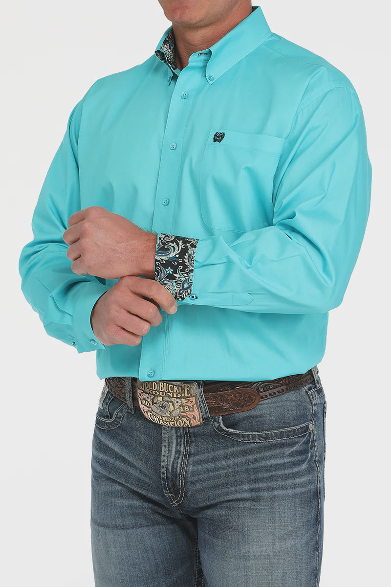 Mens Cinch Solid Turquoise Button Down Shirt with Paisley Contrast Cuffs